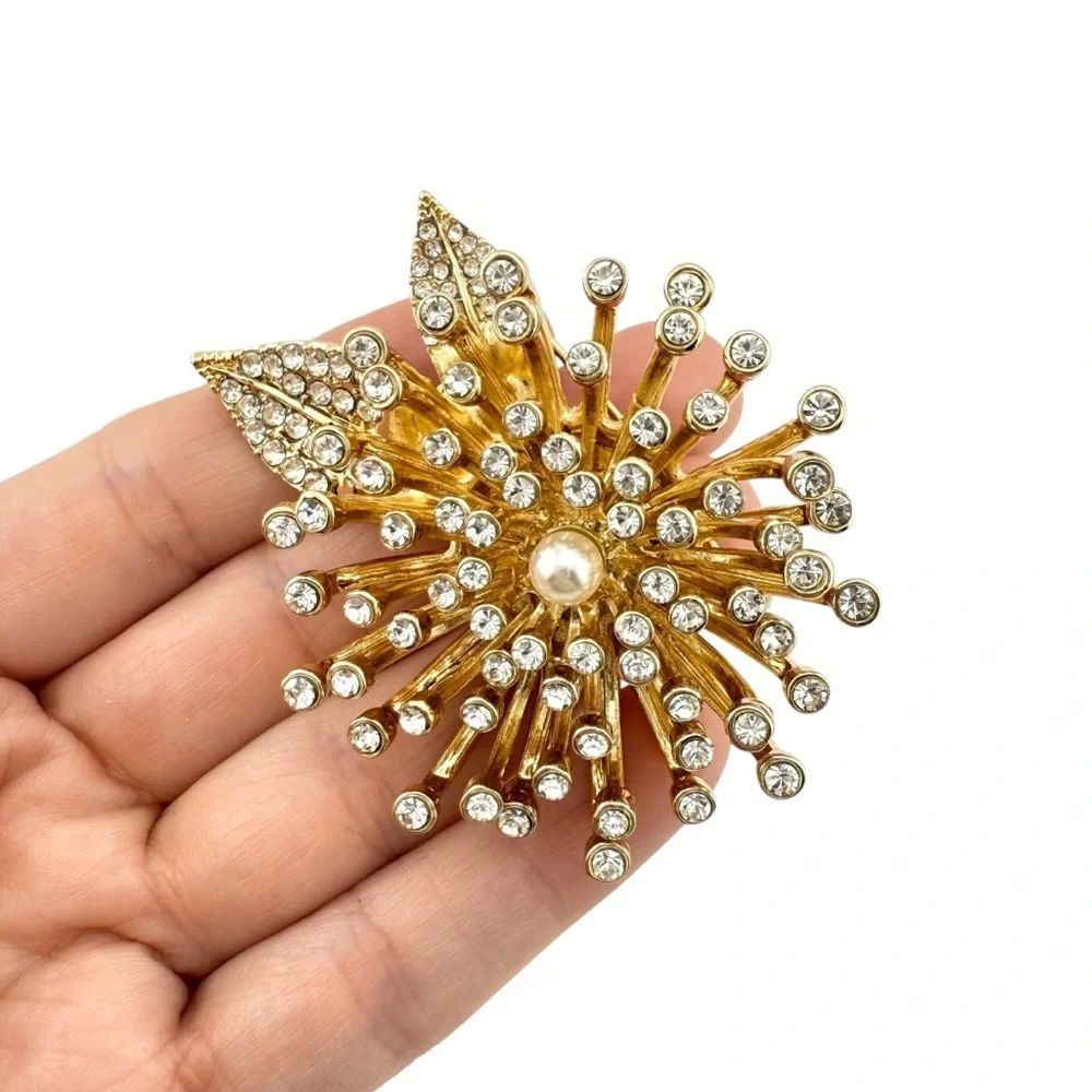 Anne Klein Brooch in Gold - Floral with Crystals